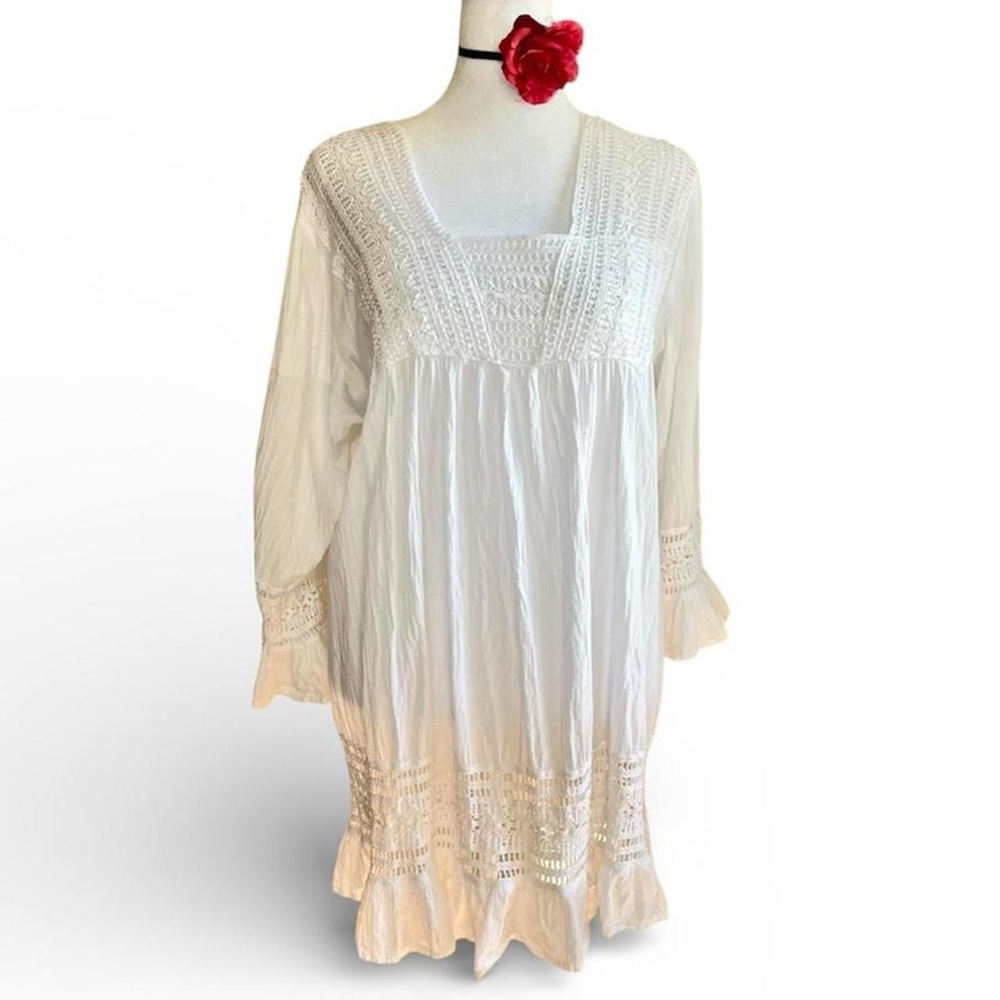 Vintage Y2K Does 70s Edwardian White Lace Boho Babydoll Mini Dress Crochet M-L